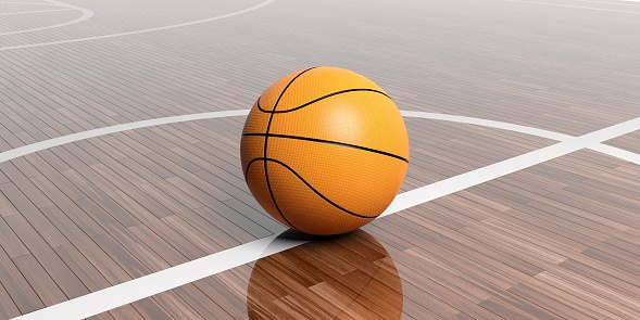 3d rendering basketball on wooden floor background