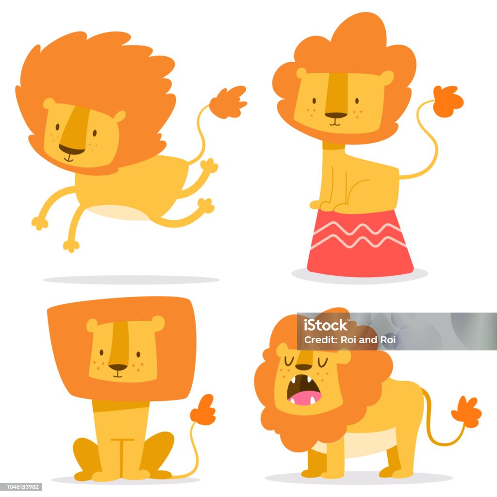 Lindo León simple vector de dibujos animados conjunto. Personaje animal africano plano divertido aislado sobre fondo blanco. - arte vectorial de León libre de derechos