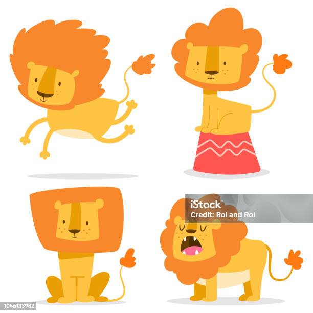 Lion Mignon Vecteur Simple Bande Dessinée Ensemble Personnage Animal Plat Drôle Africain Isolé Sur Fond Blanc Vecteurs libres de droits et plus d'images vectorielles de Lion