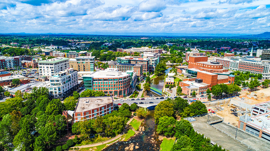 Drone Aerial of River Place and Reedy River in Greenville, South Carolina, USA.