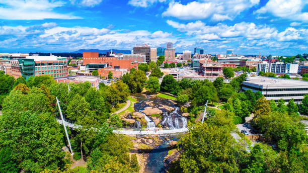 Falls Park and Liberty Bridge Panorama in Greenville, South Carolina, USA stock photo