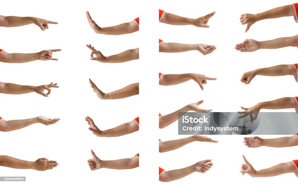 Multiple female hand gesture isolation on white background. Clipping path of hands isolated : Multiple female hand gesture isolation on white background. Cropped of woman hand showing many hand sign/emotion/symbol against white. Easy to use for work. Hand Stock Photo