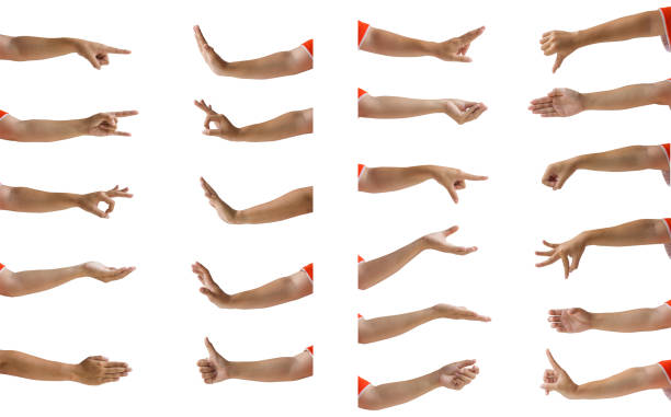 Multiple female hand gesture isolation on white background. Clipping path of hands isolated : Multiple female hand gesture isolation on white background. Cropped of woman hand showing many hand sign/emotion/symbol against white. Easy to use for work. man hand down stock pictures, royalty-free photos & images