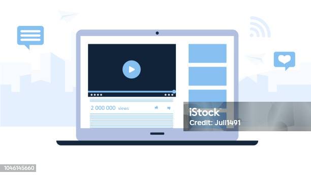 Presentation Of A Video Channel Of Laptop Light Blue Background With Tall Buildings Of The City Modern Technologies For Business Flat Design Vector Illustration Stock Illustration - Download Image Now