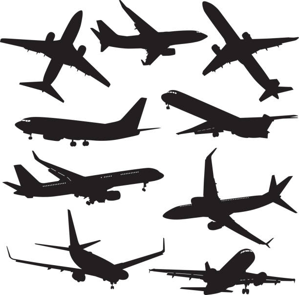 Airplane Silhouettes Vector silhouettes of nine commercial airplanes. airplane silhouettes stock illustrations
