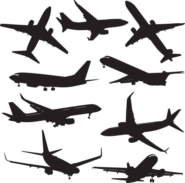 Airplane Silhouettes Vector silhouettes of nine commercial airplanes. factory worker silhouette stock illustrations