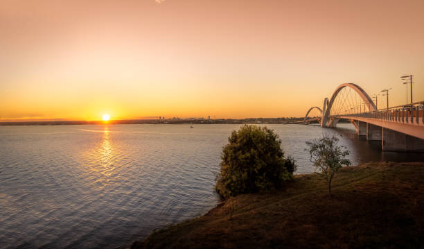 ponte jk e lago paranoá no pôr do sol - brasília, distrito federal, brasil - brasilia - fotografias e filmes do acervo