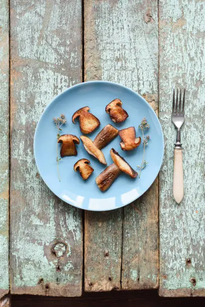Edible forest mushrooms. Fried porcini mushrooms (Boletus edulis) on blue plate on old blue boards copyspace top view