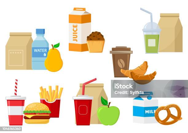 Set Of Lunch Food Icons Vector Illustration Stock Illustration - Download Image Now - Fast Food, Food, Drink