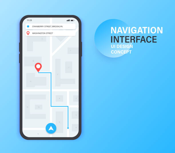 gps-navigations-app auf dem handy. city-map-navigation. mobile app-interface-konzept-design. vektor-illustration. - karte navigationsinstrument stock-grafiken, -clipart, -cartoons und -symbole