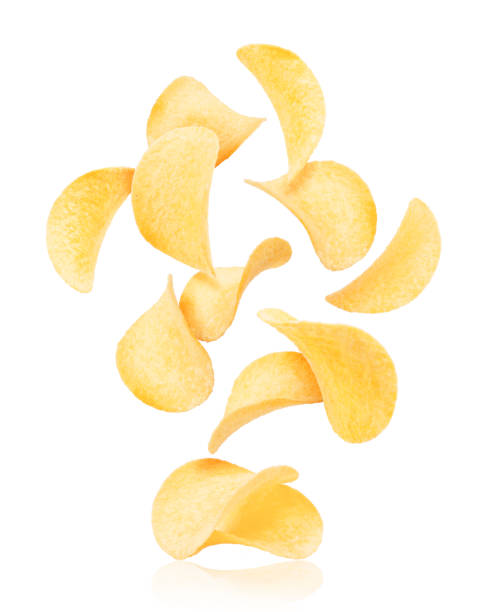 istock Potato chips rise up from the pile with chips, isolated on a white background 1046171916