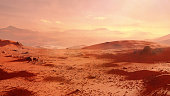 landscape on planet Mars, scenic desert scene on the red planet (3d space rendering)