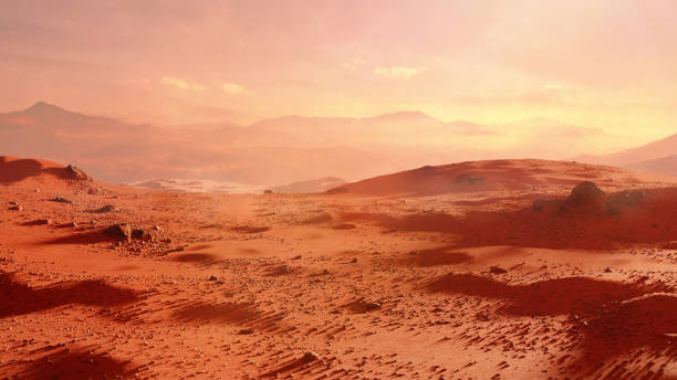 landscape on planet Mars, scenic desert scene on the red planet (3d space rendering) stock photo