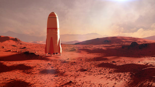 paisaje en el planeta marte, cohete de aterrizaje en la superficie del planeta rojo (representación del espacio 3d) - ship of the desert fotografías e imágenes de stock