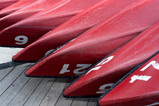 Canoes on deck at Emerald Lake, Yoho National Park, Canada