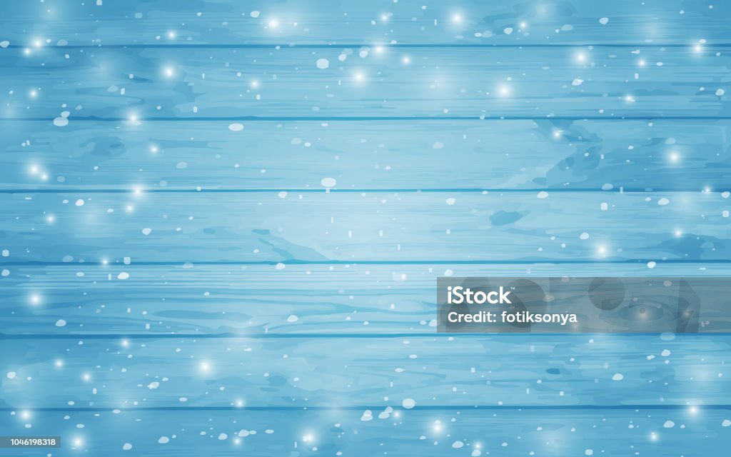 Fondo madera cubierta de nieve azul. Invierno. Tormenta de nieve. Nevadas. Fondo de madera de Navidad. Noche y los copos de nieve en el fondo de tablas. - arte vectorial de Fondos libre de derechos