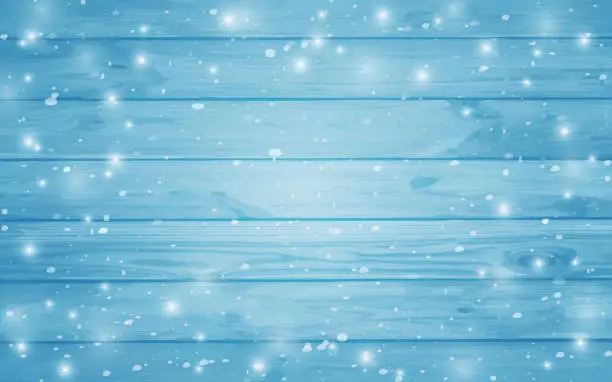Vector illustration of Blue snow-covered wooden background. Winter. Snowstorm. Snowfall. Christmas wood background. Night and snowflakes on the background of boards.