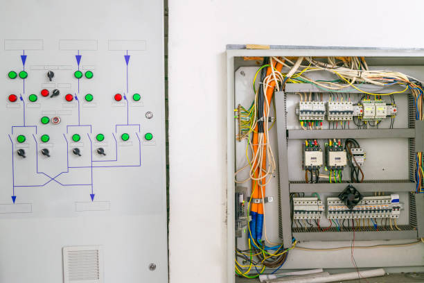 istock Automated system of electric power supply and distribution. Electric boxes with high-voltage equipment. The scheme for supplying electric power through the main and reserve channels 1046211652