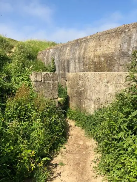 View of a German Bunker in the hillside above Omaha Beach in Normandy