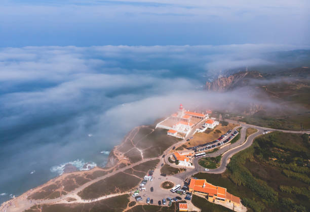 Beautiful aerial vibrant view of Capo Da Roca, the most western point of Europe, Portuguese municipality of Sintra, near Azoia, district of Lisbon, Serra de Sintra, Portugal, shot from drone Beautiful aerial vibrant view of Capo Da Roca, the most western point of Europe, Portuguese municipality of Sintra, near Azoia, district of Lisbon, Serra de Sintra, Portugal, shot from drone"n serra de sintra stock pictures, royalty-free photos & images