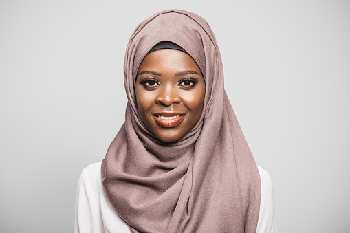 Studio portrait of young woman wearing hijab, studio shot