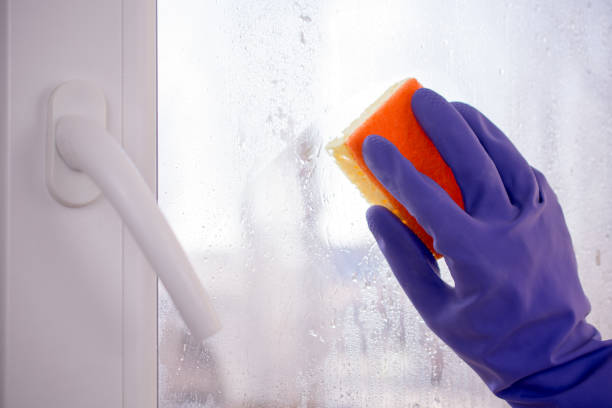 istock Hand blue glove washes window with yellow sponge. 1046252286
