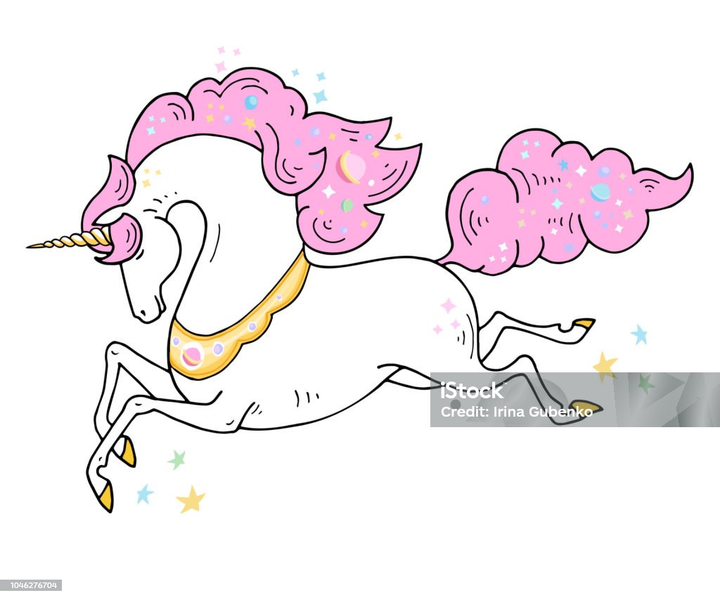 Magical Unicorn cute illustration - card and shirt design. Vector Romantic hand drawing design for kids Magical Unicorn cute illustration - card and shirt design. Vector design on white background. Print for t-shirt. Romantic hand drawing illustration for children and girls . Animal stock vector