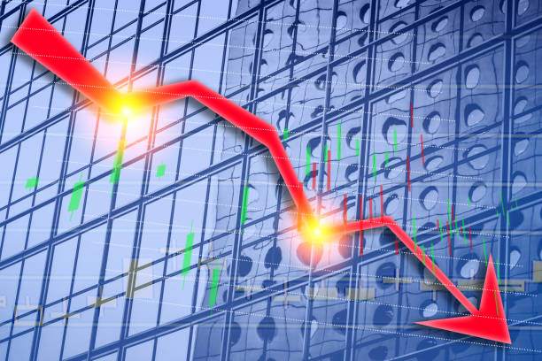 istock Composing with business building and stock chart (red bear chart) 1046288648