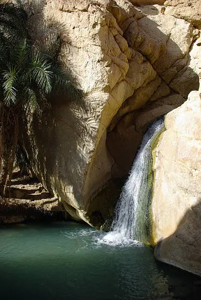 Photo of Waterfall in mountain oasis Chebika at border of Sahara, Tunisia
