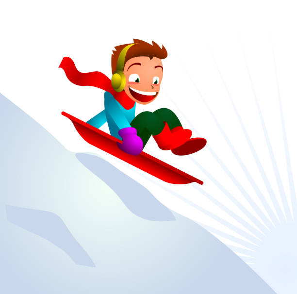 ilustraciones, imágenes clip art, dibujos animados e iconos de stock de boy sledging esquí cuesta abajo en invierno de la montaña de nieve - tobogganing vector winter snow