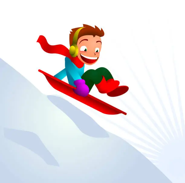 Vector illustration of Boy sledging skiing downhill winter snow mountain