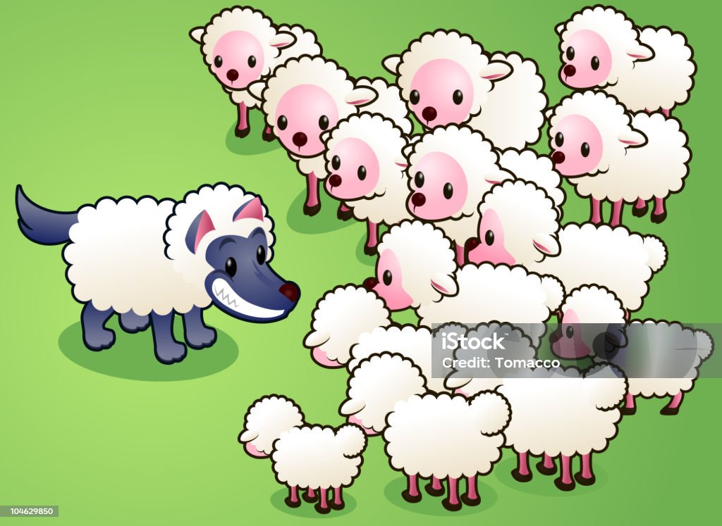 Wolf in sheep's clothes fooling a sheep flock. A wolf in sheep´s clothes entering the sheep´s flock. Wolf stock vector