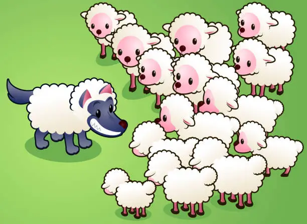 Vector illustration of Wolf in sheep's clothes fooling a sheep flock.