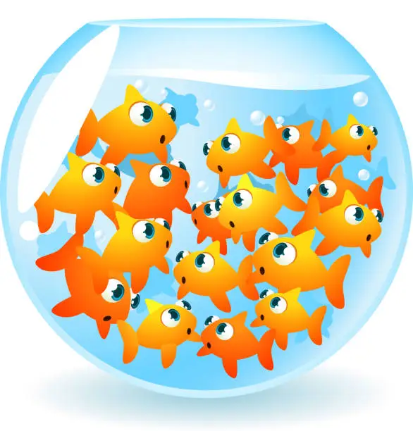 Vector illustration of Crowded fishbowl full of fishees