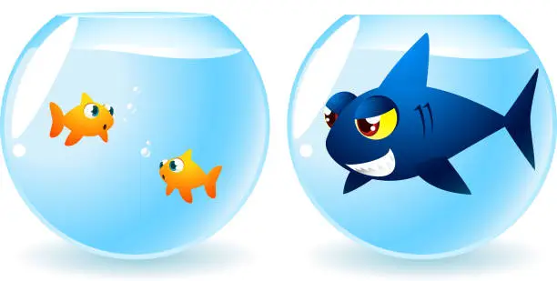 Vector illustration of Two fish scared Dangerous shark in fishbowl tank neighbour