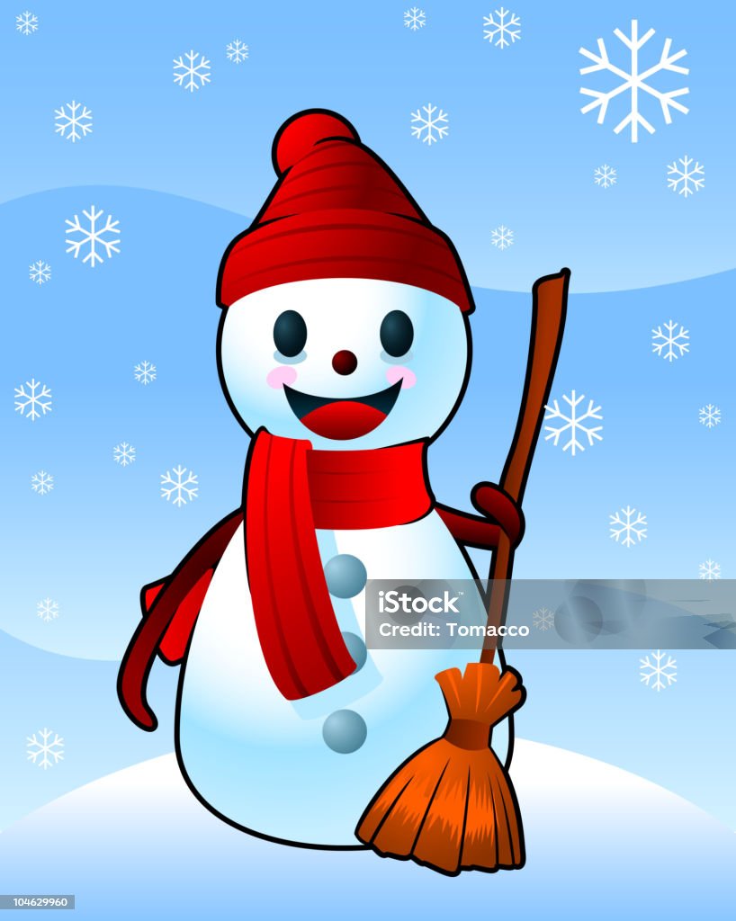 Felice Pupazzo di neve di inverno con cappello e sciarpa rossa con Scopa - arte vettoriale royalty-free di Bandana - Accessorio da portare al collo