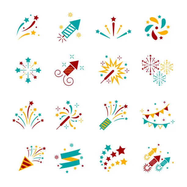 Vector illustration of Celebration iconic. Firework icon colorful set with petard, stars. Festival and event, celebrate and party. Vector illustrator