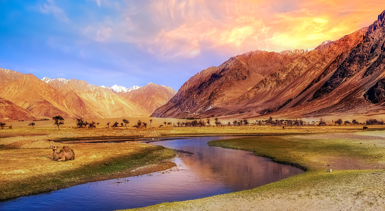Amanecer en el valle de Nubra Ladakh con paisaje escénico. photo