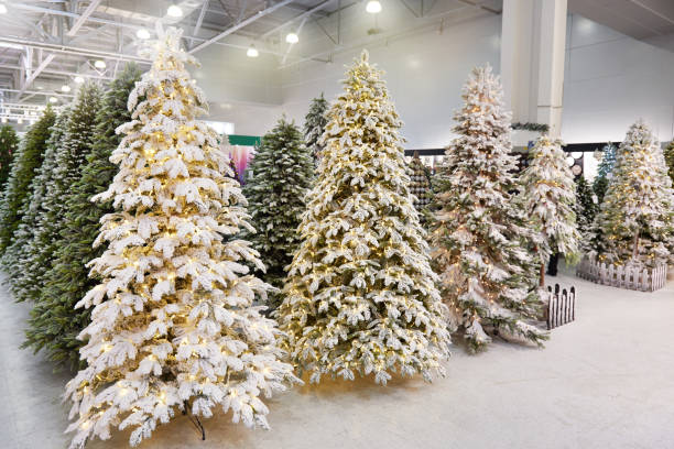 istock Decorative artificial christmas trees in store 1046338260