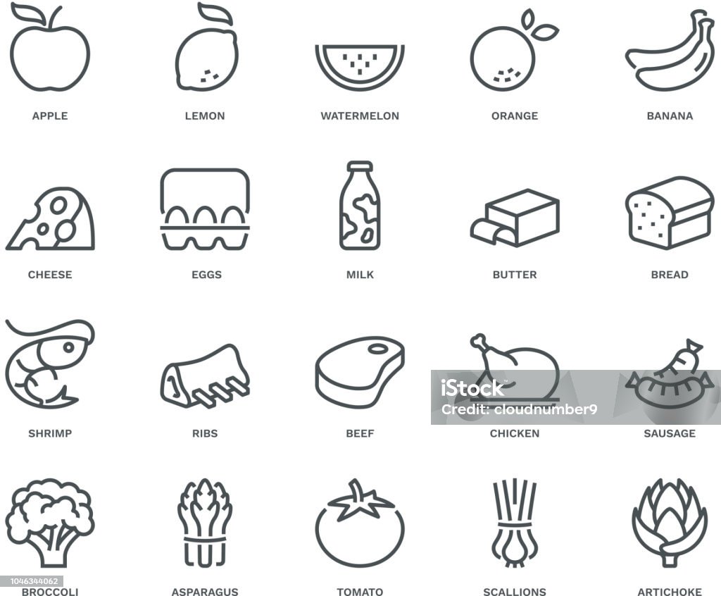 Food Icons,  Monoline concept The icons were created on a 48x48 pixel aligned, perfect grid providing a clean and crisp appearance. Adjustable stroke weight. Icon Symbol stock vector