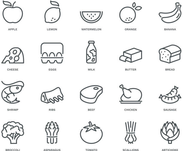 Food Icons,  Monoline concept The icons were created on a 48x48 pixel aligned, perfect grid providing a clean and crisp appearance. Adjustable stroke weight. meat stock illustrations