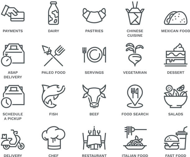 Food Delivery Icons,  Monoline concept The icons were created on a 48x48 pixel aligned, perfect grid providing a clean and crisp appearance. Adjustable stroke weight. paleo stock illustrations