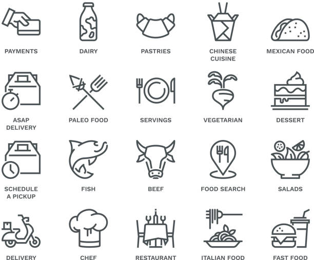 Food Delivery Icons,  Monoline concept vector art illustration