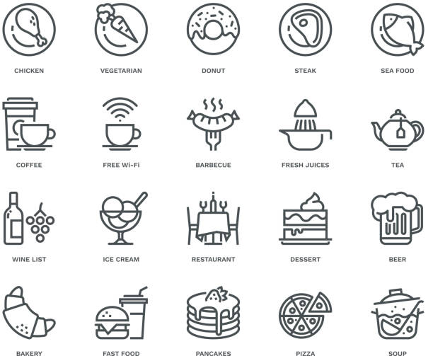 illustrazioni stock, clip art, cartoni animati e icone di tendenza di icone ristorante, concetto monoline - cucina vegetariana immagine