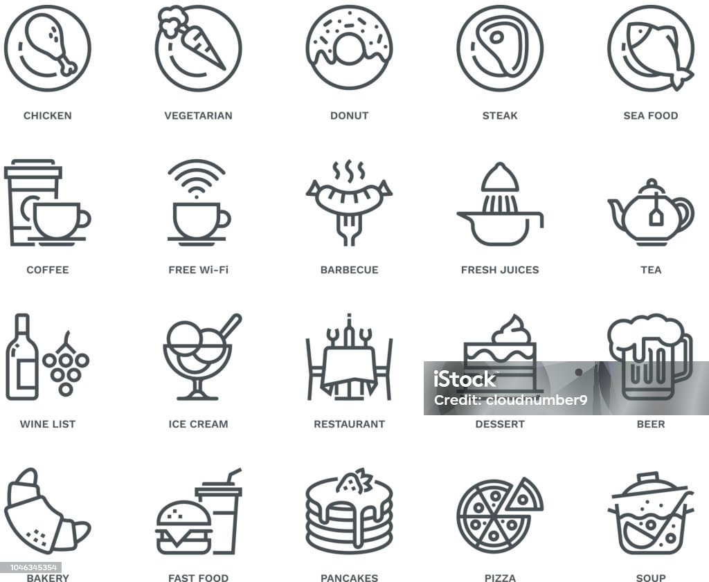 Restaurant Icons,  Monoline concept The icons were created on a 48x48 pixel aligned, perfect grid providing a clean and crisp appearance. Adjustable stroke weight. Icon Symbol stock vector
