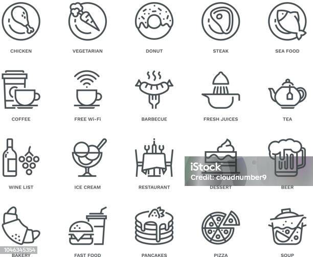 Restaurant Icons Monoline Concept Stock Illustration - Download Image Now - Icon Symbol, Restaurant, Fish