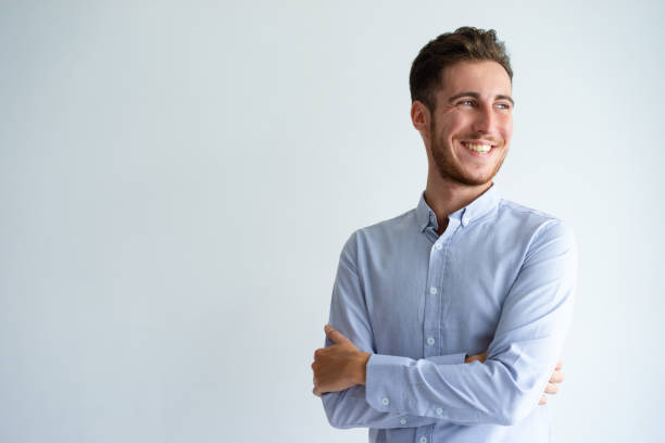 cheerful businessman enjoying success - look right imagens e fotografias de stock