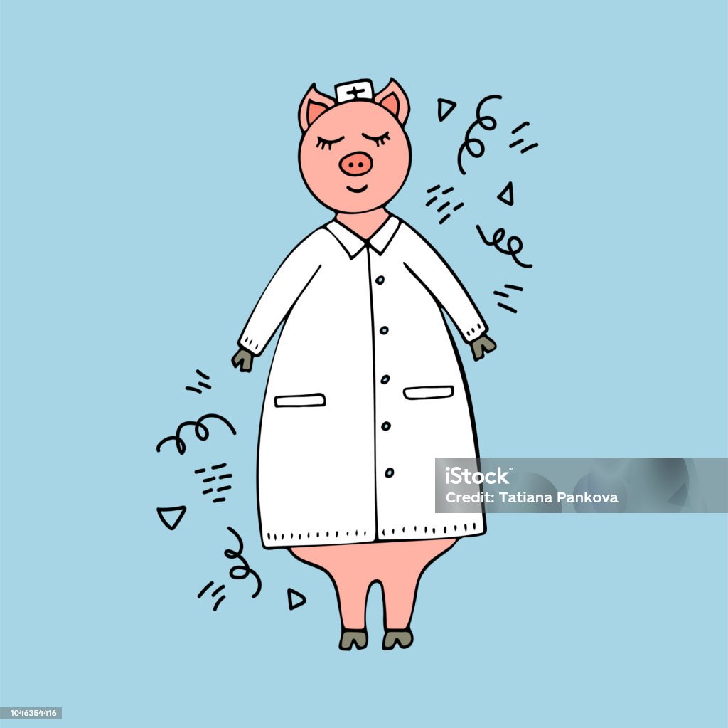 Vector Vẽ Tay Bác Sĩ Lợn Hài Hước Trong Một Chiếc Áo Khoác Phòng ...