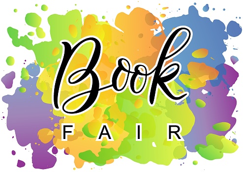 Modern calligraphy lettering of Book Fair in black with white outline on colorful background for banner, poster, advertising, book festival, sale, book store, shop