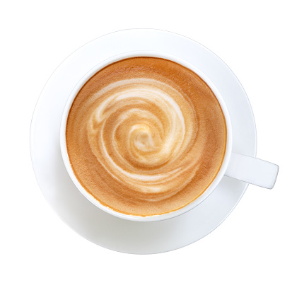 Top view of hot coffee latte cappuccino spiral foam isolated on white background, clipping path included